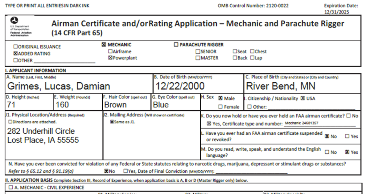 Sample of FAA mechanic testing application